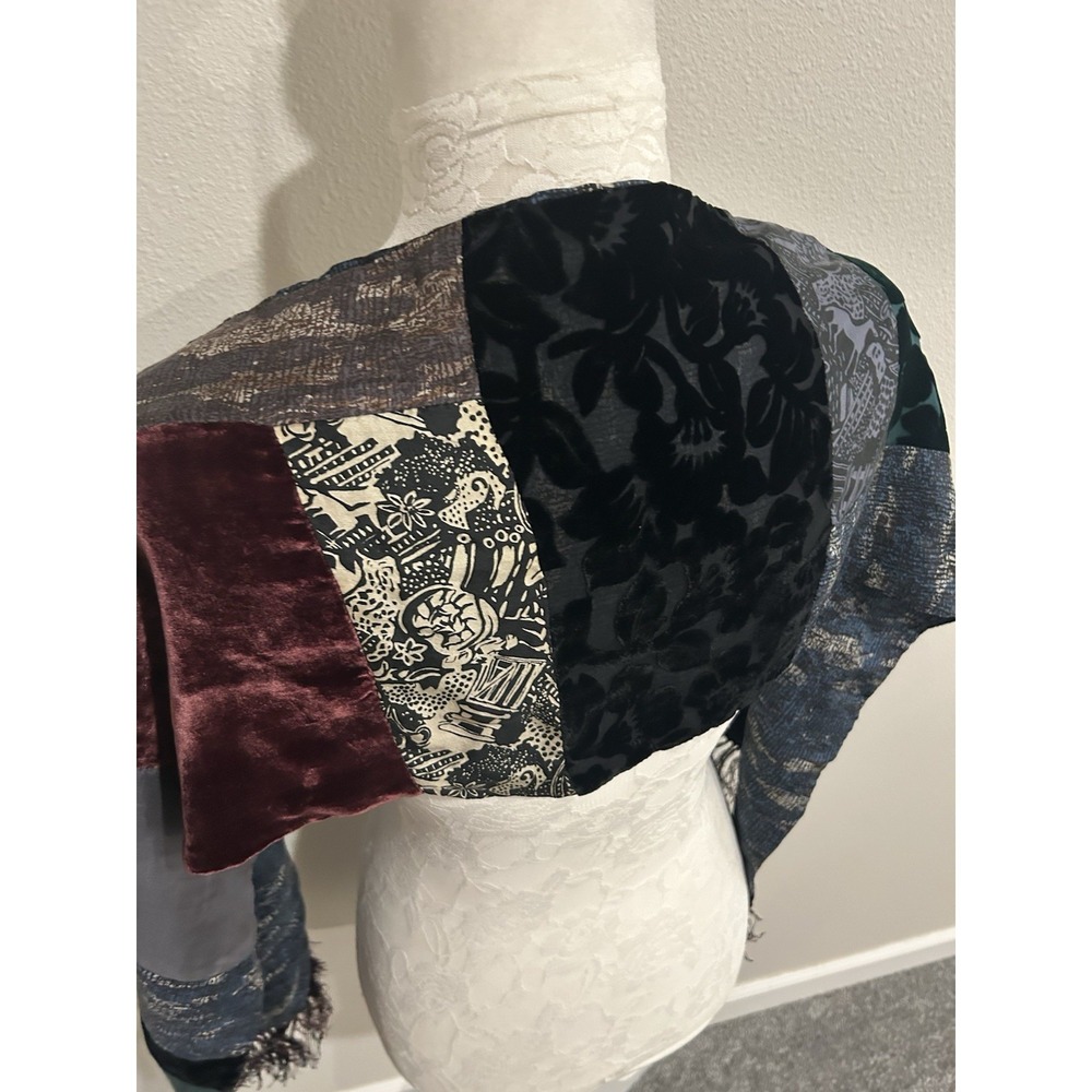Vintage 90s Burnout Velvet & Silk Patchwork Scarf Fringed 57"x10" Boho Luxury - Picture 4 of 13